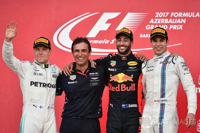 10- GP de Azerbaiyán 2017 (24 años, 9 meses y 27 días): 3º Lance Stroll, 2º Valtteri Bottas, 1º Daniel Ricciardo
