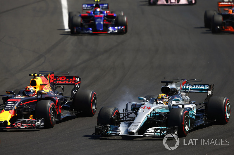 Lewis Hamilton, Mercedes AMG F1 W08, locks-up alongside Max Verstappen, Red Bull Racing RB13