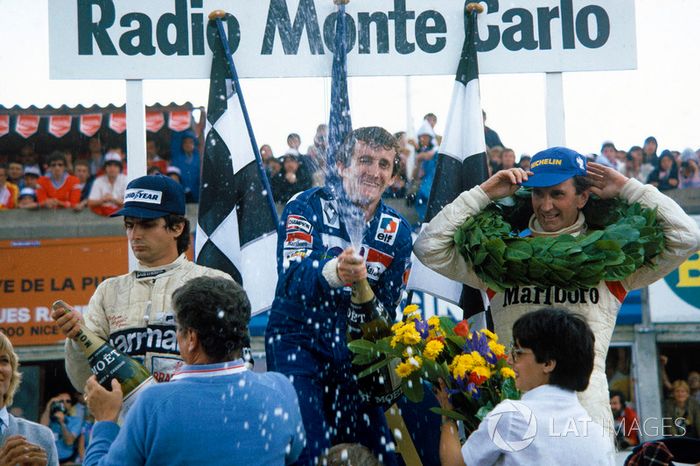 Podio: el ganador, Alain Prost, Renault, segundo clasificado, John Watson, McLaren, tercero clasificado, Nelson Piquet, Brabham