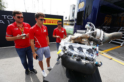 Charles Leclerc, PREMA Powerteam, and Antonio Fuoco, PREMA Powerteam, study the new F2 engine
