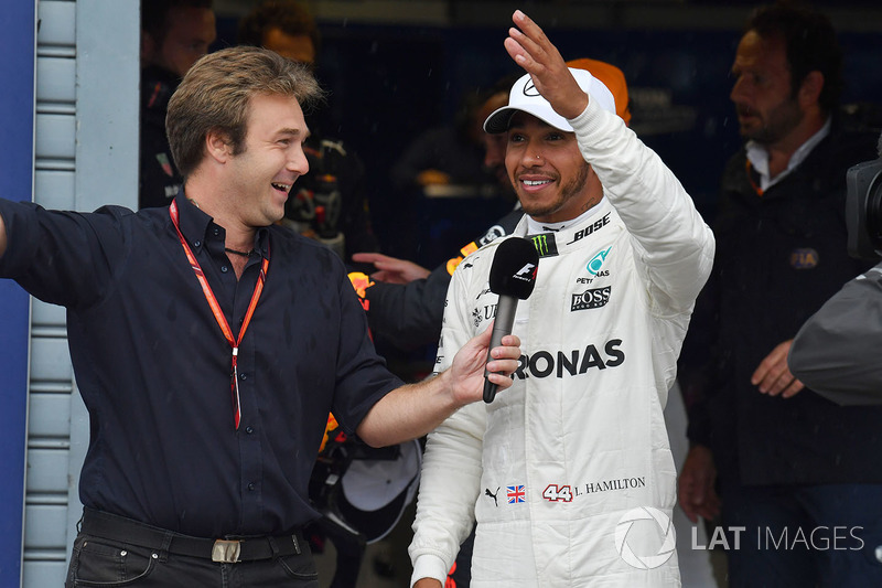 Pole sitter Lewis Hamilton, Mercedes AMG F1 talks, Davide Valsecchi, Sky Italia in parc ferme