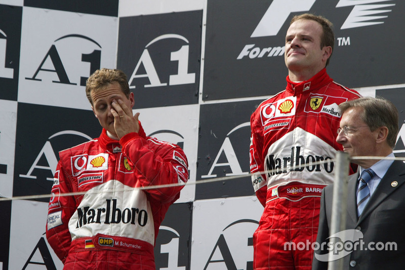 Podium: race winner Michael Schumacher, Ferrari, second place Rubens Barrichello, Ferrari