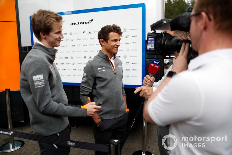 Lando Norris, McLaren, talks to the media