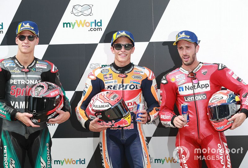 Polesitter Marc Marquez, Repsol Honda Team, secondo classificato Fabio Quartararo, Petronas Yamaha SRT, terzo classificato Andrea Dovizioso, Ducati Team
