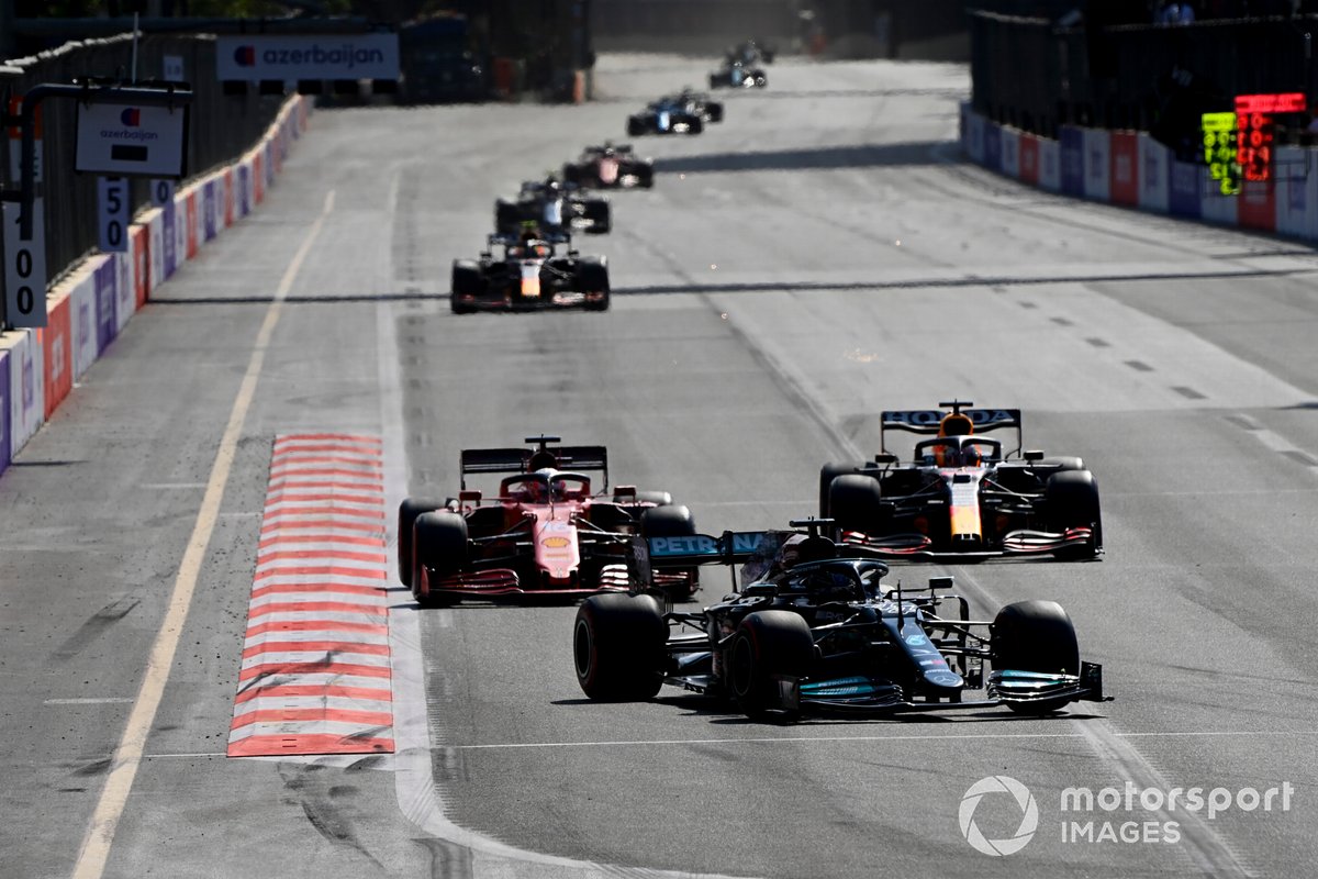 Lewis Hamilton, Mercedes W12, Charles Leclerc, Ferrari SF21, and Max Verstappen, Red Bull Racing RB16B