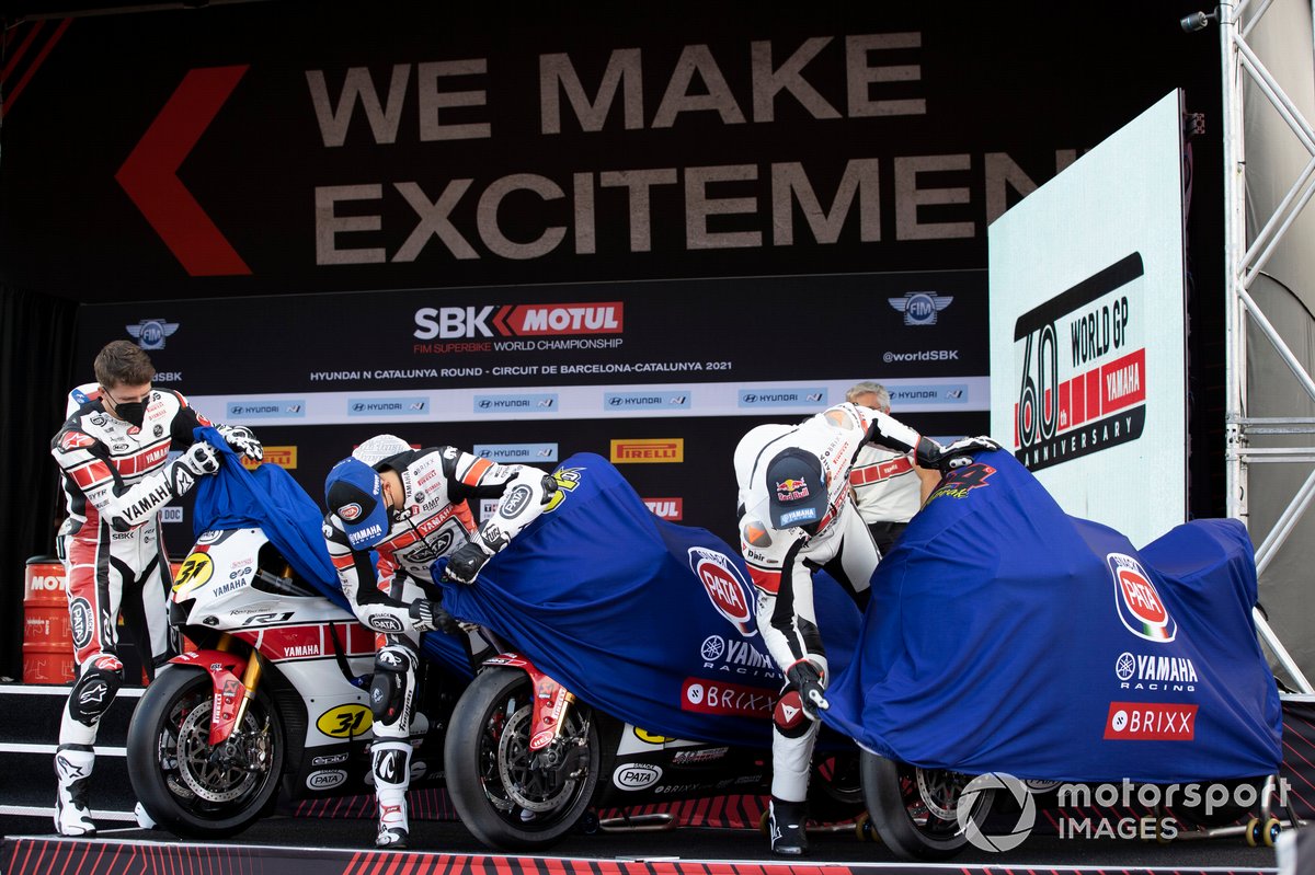 Garrett Gerloff, GRT Yamaha WorldSBK Team, Andrea Locatelli, PATA Yamaha WorldSBK Team, Toprak Razgatlioglu, PATA Yamaha WorldSBK Team unveil their new Yamaha 60 years anniversary Yamaha R1's