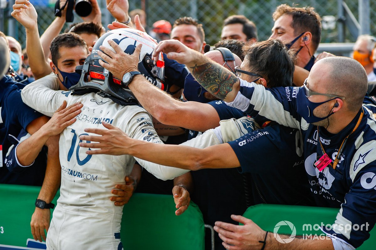 Pierre Gasly, AlphaTauri, 1st position, celebrates with his team in Parc Ferme