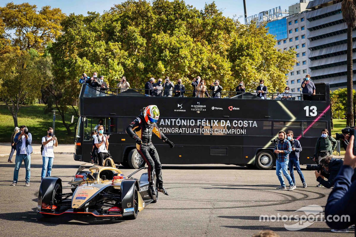 Antonio Felix Da Costa, driver of DS TECHEETAH FE Team, celebrates championship titles in Lisbon, Portugal