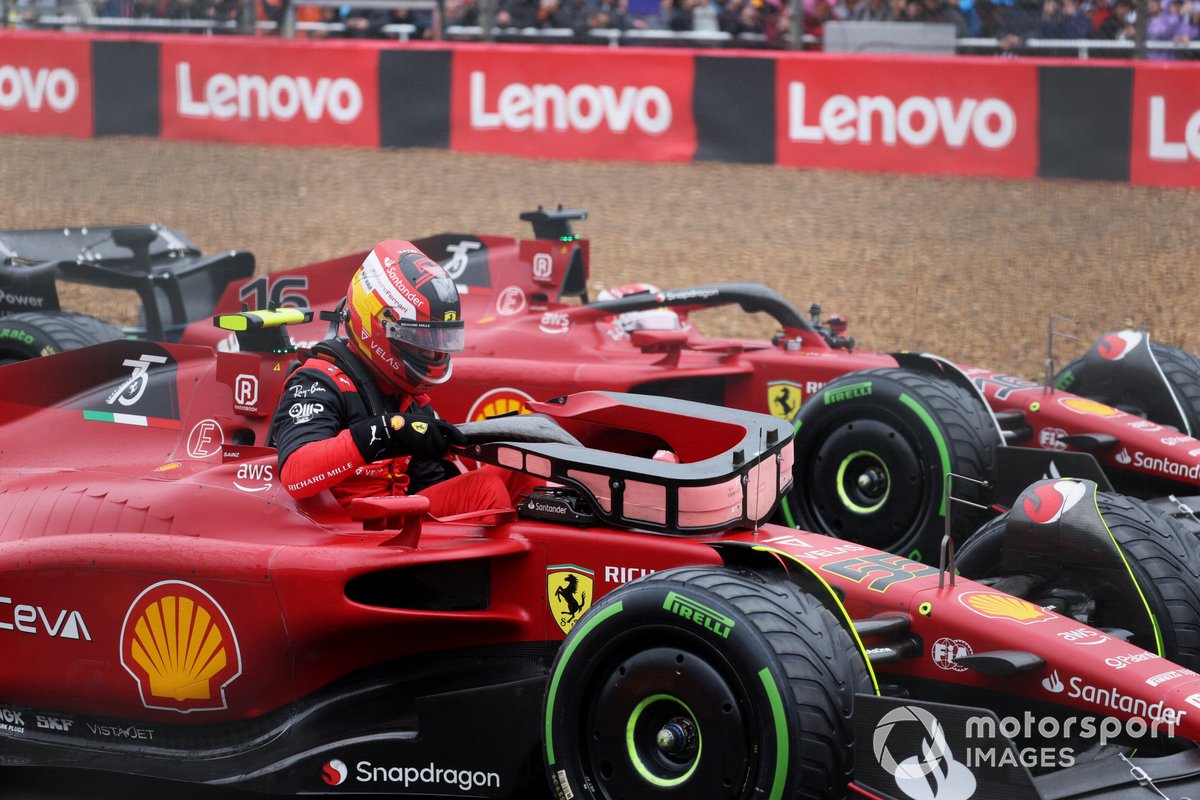 Pole position winner Carlos Sainz, Ferrari F1-75, gets out of his car in Parc Ferme