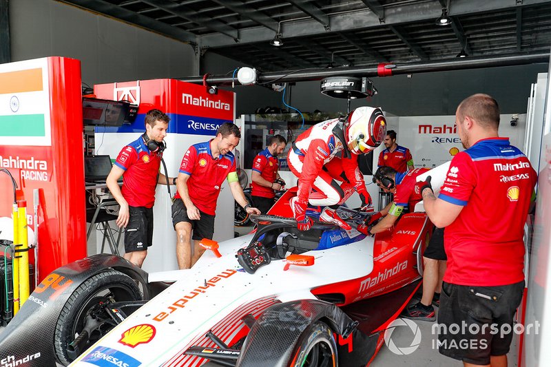 Pascal Wehrlein hops out of his Mahindra Racing M5 Electro
