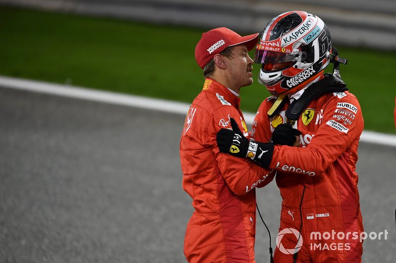 Sebastian Vettel, Ferrari, fa i complimenti a Charles Leclerc, Ferrari, per la sua prima pole position in F1