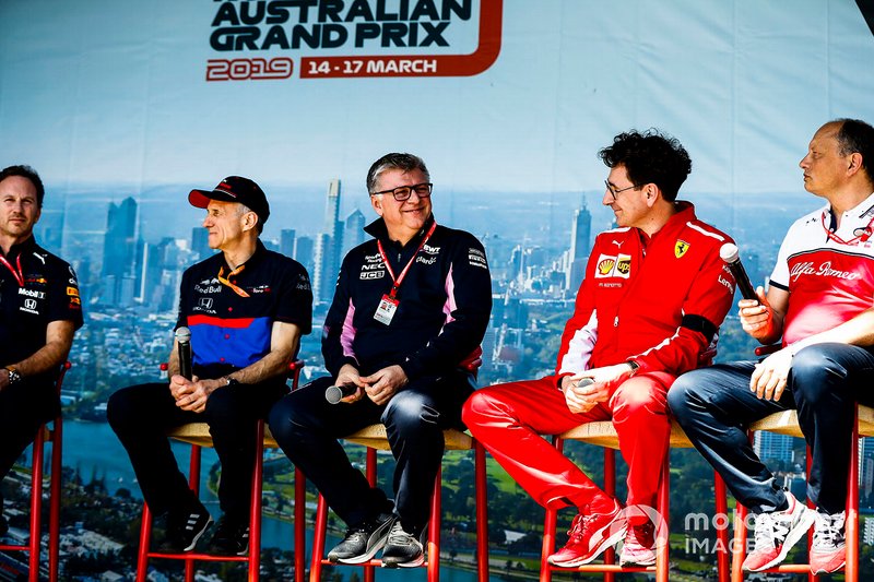 Christian Horner, Team Principal, Red Bull Racing, Franz Tost, Team Principal, Toro Rosso, Otmar Szafnauer, Team Principal Racing Point Mattia Binotto, Team Principal Ferrari, and Frederic Vasseur, Team Principal, Alfa Romeo Racing, on stage