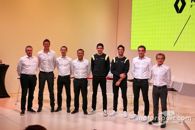 Pat Fry, Renault F1 Team Technical Director (Chassis); Marcin Budkowski, Renault F1 Team Executive Director; Remi Taffin, Renault Sport F1 Engine Technical Director; Mia Sharizman, Renault Sport Academy Director; Esteban Ocon, Renault F1 Team; Daniel Ricciardo, Renault F1 Team; Cyril Abiteboul, Renault Sport F1 Managing Director; Alain Prost, Renault F1 Team Non-Executive Director