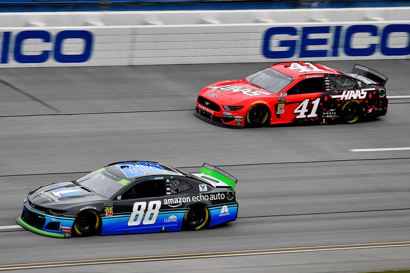 Alex Bowman, Hendrick Motorsports, Chevrolet Camaro Nationwide / Amazon Echo Auto and Daniel Suarez, Stewart-Haas Racing, Ford Mustang Haas Automation