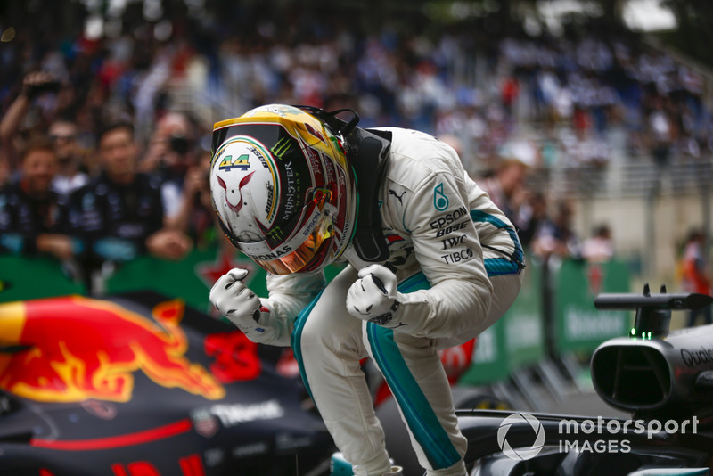 Lewis Hamilton, Mercedes AMG F1, celebrates victory in parc ferme.