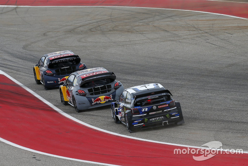 Johan Kristoffersson, PSRX Volkswagen Sweden, Timmy Hansen, Team Peugeot Total, Sébastien Loeb, Team Peugeot Total