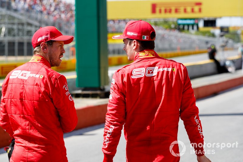 Pole man Sebastian Vettel, Ferrari, and Charles Leclerc, Ferrari, after Qualifying