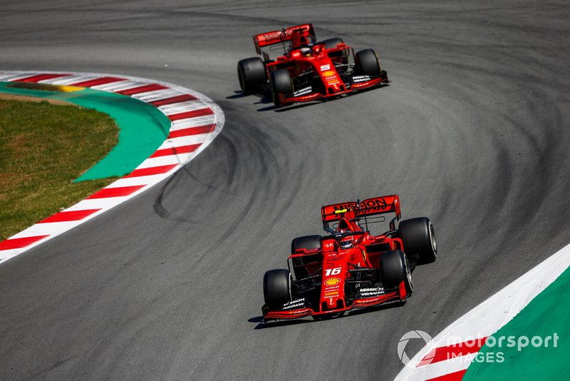 Charles Leclerc, Ferrari SF90, leads Sebastian Vettel, Ferrari SF90