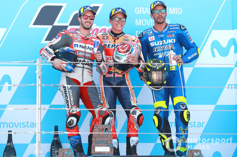 Podium: race winner Marc Marquez, Repsol Honda Team, second place Andrea Dovizioso, Ducati Team, third place Andrea Iannone, Team Suzuki MotoGP