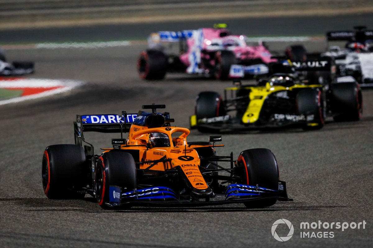 Carlos Sainz Jr., McLaren MCL35, Daniel Ricciardo, Renault F1 Team R.S.20, Daniil Kvyat, AlphaTauri AT01, and Lance Stroll, Racing Point RP20
