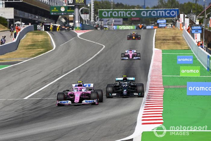 Lance Stroll, Racing Point RP20, leads Valtteri Bottas, Mercedes F1 W11 EQ Performance, Sergio Pérez, Racing Point RP20