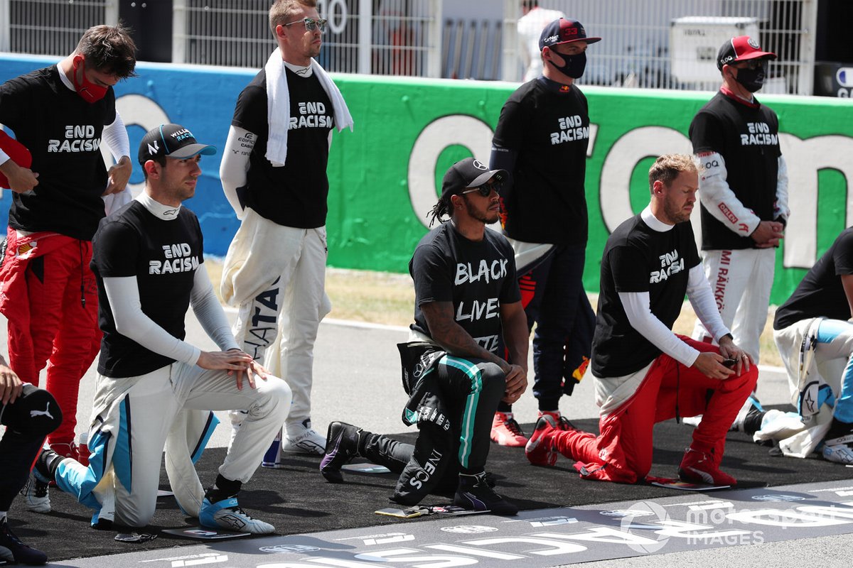 Charles Leclerc, Ferrari, Nicholas Latifi, Williams Racing, Daniil Kvyat, AlphaTauri, Lewis Hamilton, Mercedes-AMG Petronas F1, Max Verstappen, Red Bull Racing, Sebastian Vettel, Ferrari y Kimi Raikkonen, Alfa Romeo