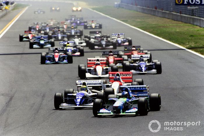 Michael Schumacher, Benetton B194 Ford, Ayrton Senna, Williams FW16 Renault, Mika Häkkinen, McLaren MP4-9 Peugeot, Martin Brundle, McLaren MP4-9 Peugeot, Damon Hill, Williams FW16 Renault