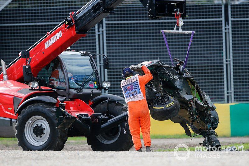 The crashed car of Fernando Alonso, McLaren MP4-31