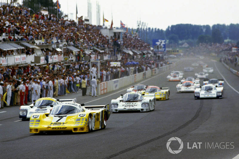 #7 Joest Racing Porsche 956: Klaus Ludwig, Paolo Barilla, John Winter leads at the start