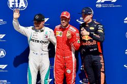 Valtteri Bottas, Mercedes-AMG F1, Sebastian Vettel, Ferrari and Max Verstappen, Red Bull Racing in parc ferme