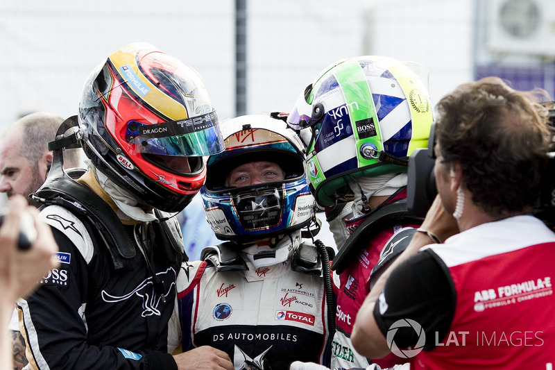 Jean-Eric Vergne, Techeetah, celebrates with Sam Bird, DS Virgin Racing, Lucas di Grassi, Audi Sport