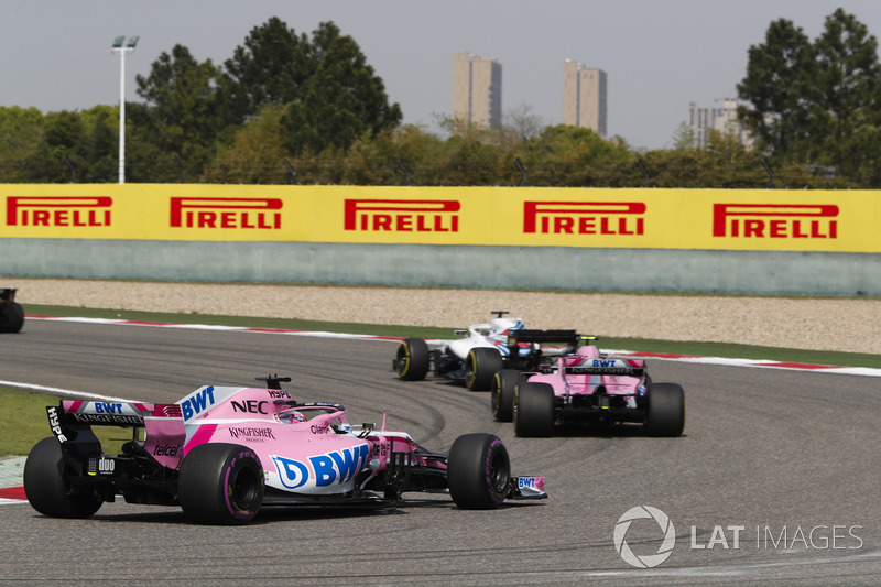 Lance Stroll, Williams FW41 Mercedes, Esteban Ocon, Force India VJM11 Mercedes, and Sergio Perez, Force India VJM11 Mercedes