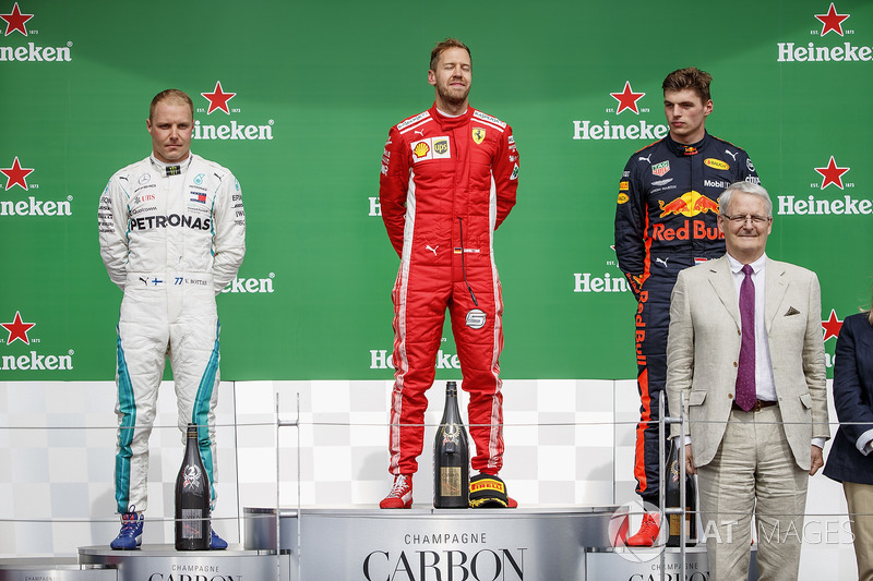 Valtteri Bottas, Mercedes AMG F1, 2nd position, Sebastian Vettel, Ferrari, 1st position, and Max Ver