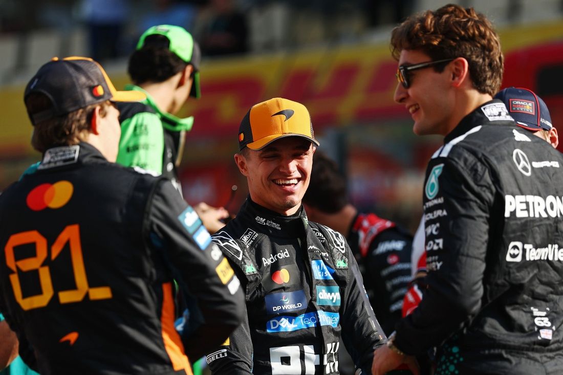 Lando Norris, McLaren, Oscar Piastri, McLaren, George Russell, Mercedes
