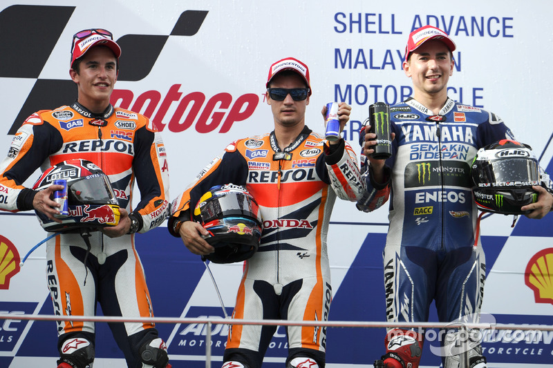 Podium : le vainqueur Dani Pedrosa, Repsol Honda; le second Marc Marquez; le troisième Jorge Lorenzo, Yamaha