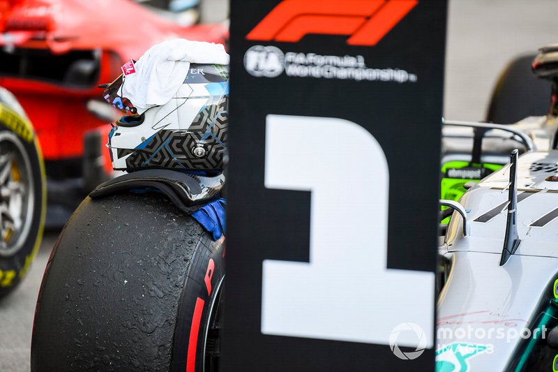 The helmet of Valtteri Bottas, Mercedes AMG F1, 1st position, on his wheel in Parc Ferme
