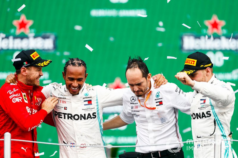 Sebastian Vettel, Ferrari, Race winner Lewis Hamilton, Mercedes AMG F1 and Valtteri Bottas, Mercedes AMG F1 celebrate on the podium