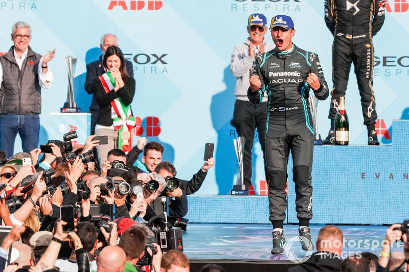 Mitch Evans, Panasonic Jaguar Racing, 1st position, celebrates his maiden victory on the podium