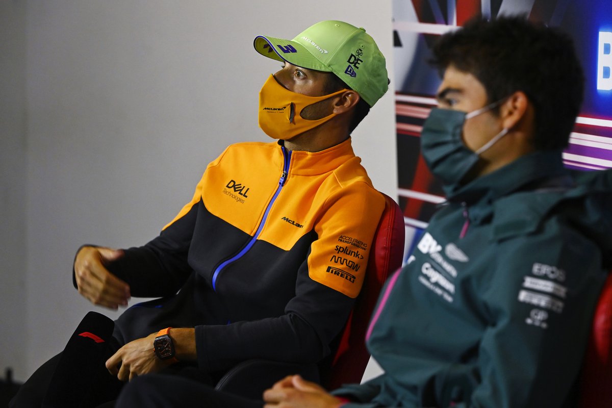 Daniel Ricciardo, McLaren, and Lance Stroll, Aston Martin, in the press conference