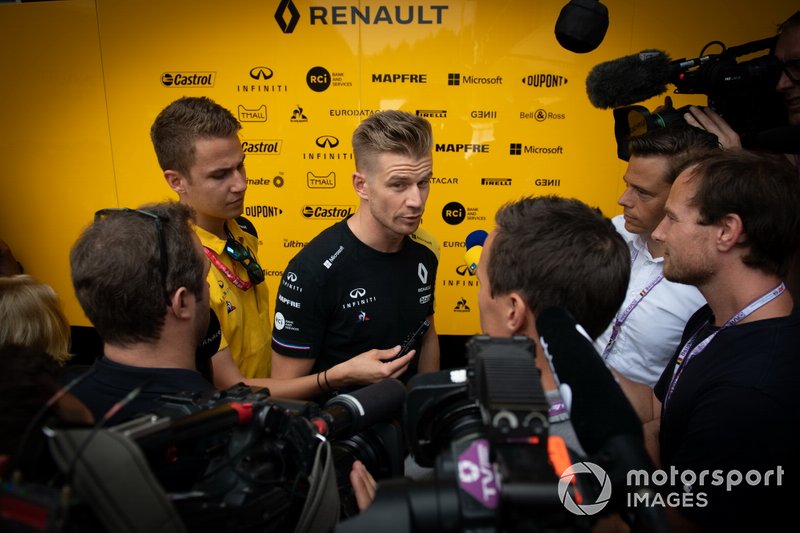 Nico Hulkenberg, Renault F1 Team, talks to media