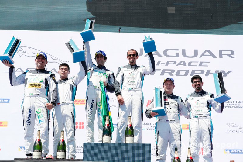 The PRO podium: Race winner Sérgio Jimenez, Jaguar Brazil Racing, Cacá Bueno, Jaguar Brazil Racing, 2nd position, Simon Evans, Team Asia New Zealand, 3rd position stand with the PRO AM podium: Race winner Bandar Alesayi, Saudi Racing, Yaqi Zhang, Team China, 2nd position, Ahmed Bin Khanen, Saudi Racing, 3rd position