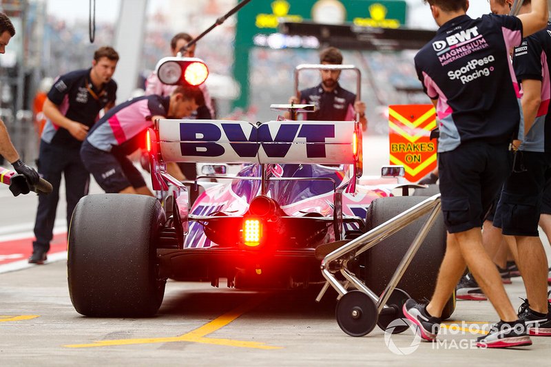 Lance Stroll, Racing Point RP19, in the pit lane during practice