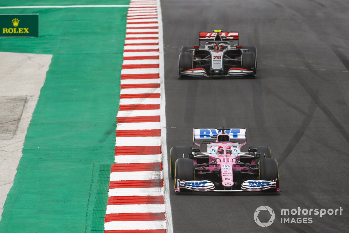 Sergio Pérez, Racing Point RP20, Kevin Magnussen, Haas VF-20