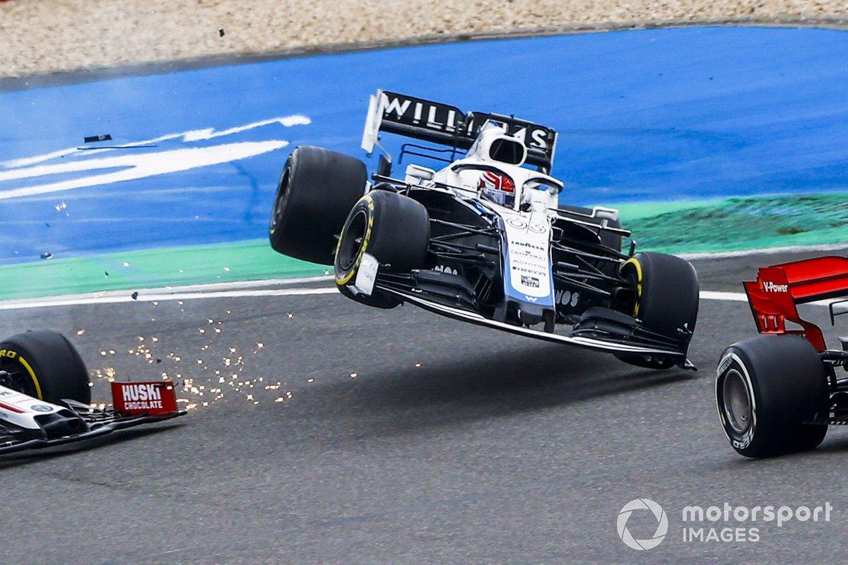 Sebastian Vettel, Ferrari SF1000 with Kimi Raikkonen, Alfa Romeo Racing C39 and George Russell, Williams FW43 crashing 