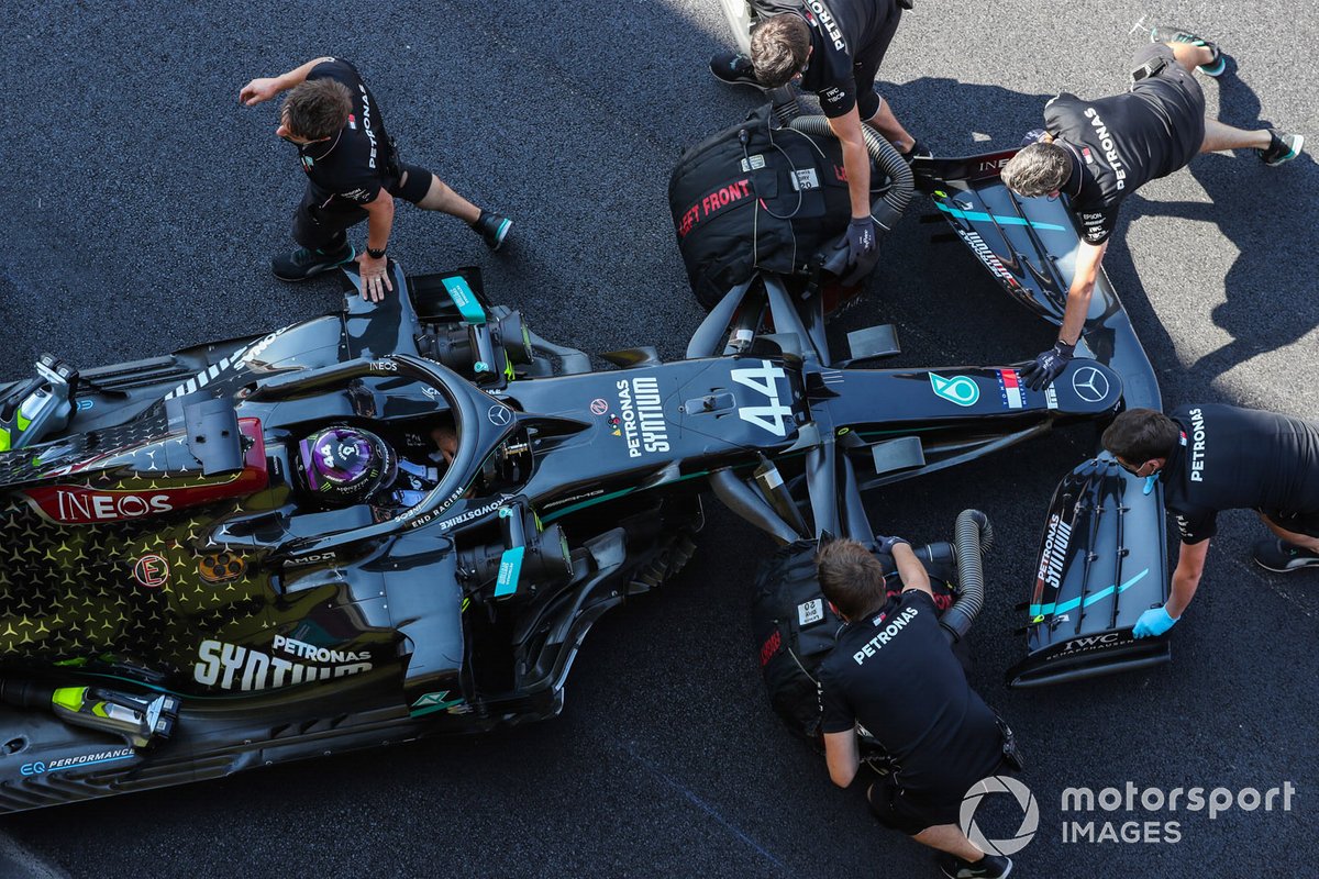 Lewis Hamilton, Mercedes F1 W11 is pushed back into the garage