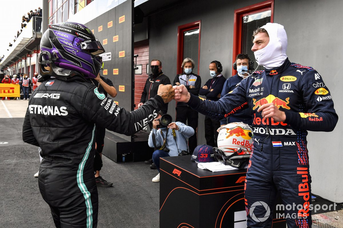 Max Verstappen, Red Bull Racing, congratulates pole man Lewis Hamilton, Mercedes, in Parc Ferme