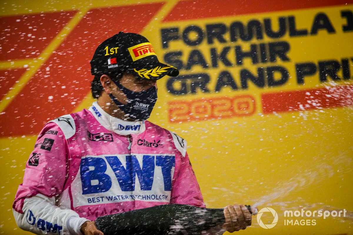 Sergio Perez, Racing Point festeggia la vittoria sul podio