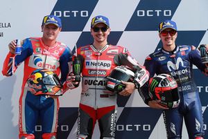 Pole sitter Jorge Lorenzo, Ducati Team, second place Jack Miller, Pramac Racing, third place Maverick Viñales, Yamaha Factory Racing