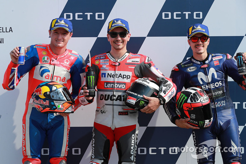 Pole sitter Jorge Lorenzo, Ducati Team, second place Jack Miller, Pramac Racing, third place Maverick Viñales, Yamaha Factory Racing