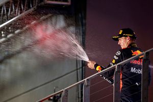 Max Verstappen, Red Bull Racing, 2nd position, sprays Champagne from the podium